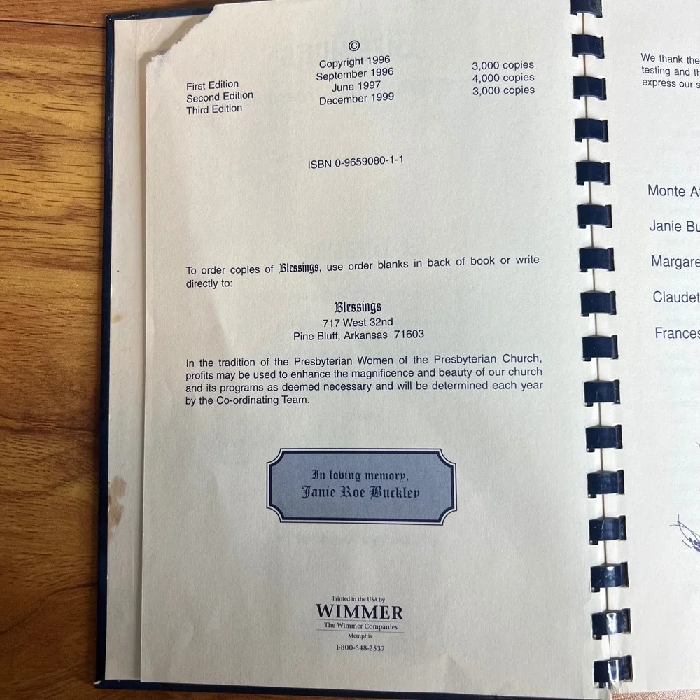 Vtg 1999 Blessings First Presbyterian Church‎ Recipe Collection Book Hard Cover